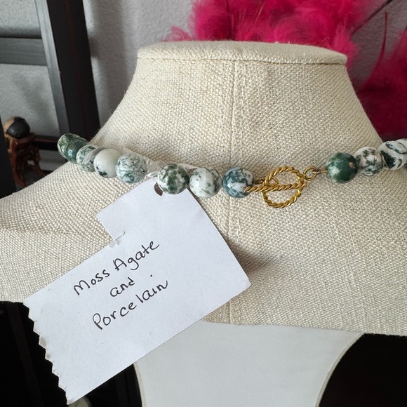 Artisan Moss Agate and Porcelain Beaded Necklace - Picture 8 of 8
